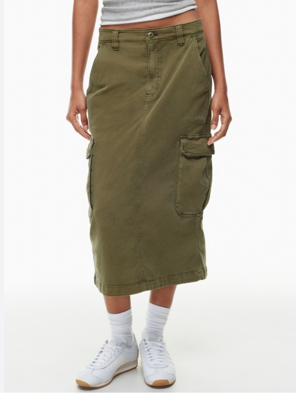 TNA Aritzia Denim Cargo Column Midi Skirt Army Green Size 0